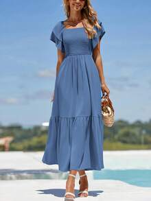 Women's Summer Casual Dresses Square Neck Ruffle Short Sleeve High Waist A-Line Wedding Dresses - 藍色 - 查看 1