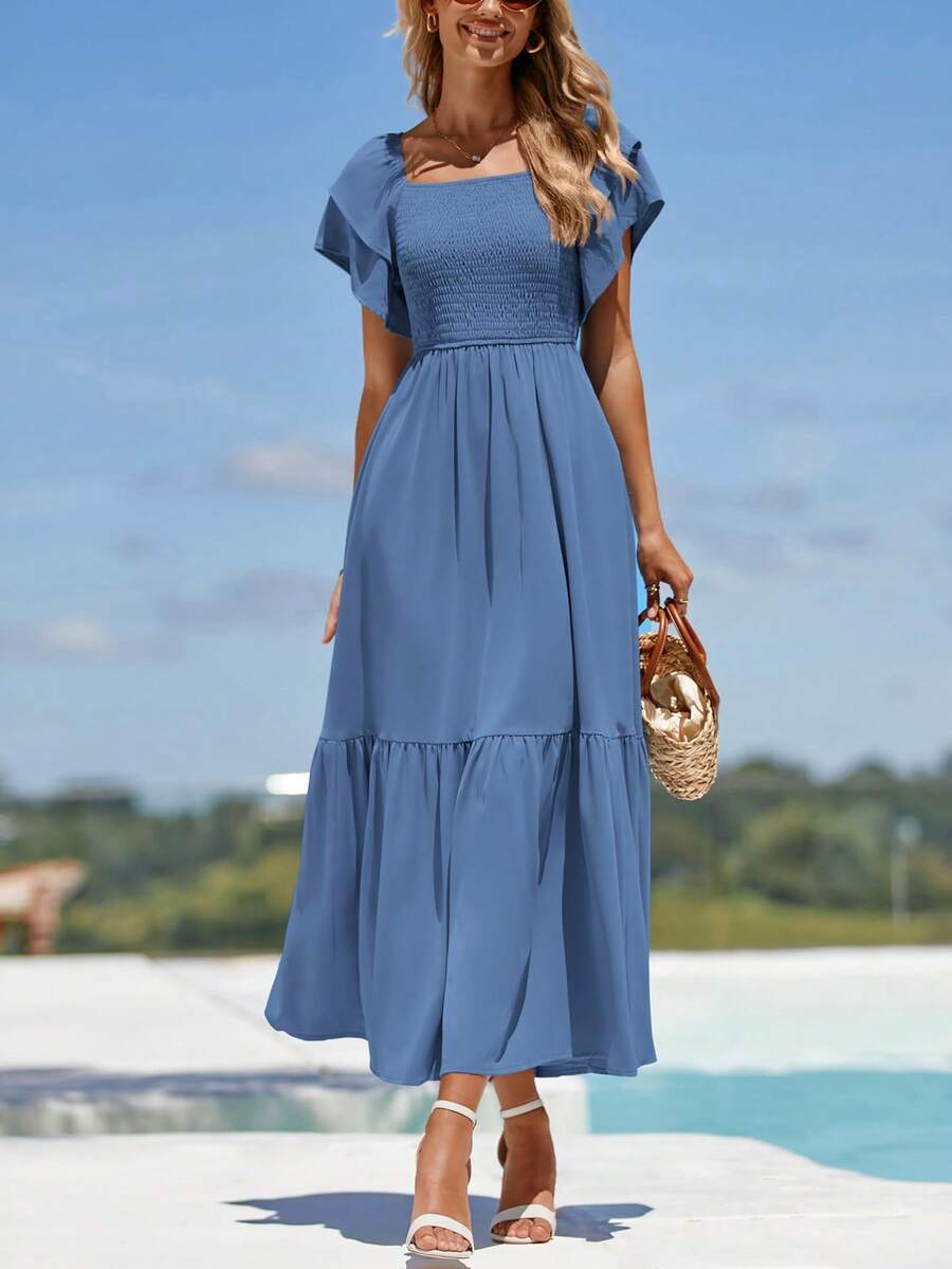 Women's Summer Casual Dresses Square Neck Ruffle Short Sleeve High Waist A-Line Wedding Dresses - 藍色 - 查看 1