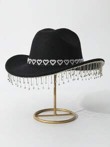 1pc Unisex Solid Color Water Drop Tassel Pendant Western Cowboy Hat Boho Ridge Cowgirl Hat Panama Hat Sun Hat Jazz Hat Soft Felt Fedora Hat - Black - View 3