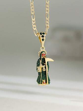 Hip Hop Micro-Inlaid Zirconia Holy Death Pendant Necklace - Golden -Tone Summer Jewelry For Daily Wear, Vacation, Casual Or Formal Occasions, Cute Necklace, Vacation Accessory, Sophisticated Design, High Quality Finish, Gift Seekers