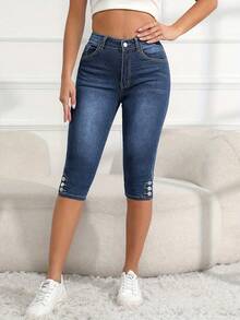 Plus Size Women's Jeans - High Waist Stretch Skinny Capri Pants For Women, Comfortable Button Closure Mid Length Denim Shorts, Casual Petite Bootcut Jeans For Curvy Ladies - 深色水洗藍 - 查看 5