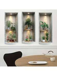 3pcs/Set Nordic Green Plant Theme Faux Arch Window Flower Pot Wall Stickers, 3 Pieces Self-Adhesive Removable Decorative Decals, Suitable For Living Room, Dining Room, Study And Other Connected Decor, Creative Home Wall Art - Multicolor - View 9