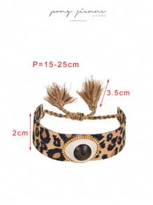 1pc Devil's Eye Copper Beaded Eye & Leopard Print Braided Tassel Bracelet, Versatile Daily Wear For Women