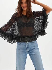 Women Lace Casual Loose Top Crew Neck Long Sleeve Smocked Floral Embroidery Ruffle Trim 2025 Summer Going Out Shirt - 黑色 - 查看 2