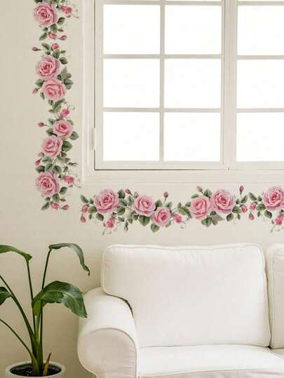 Pegatina de pared con flores de hechicera rosa y hojas verdes, pegatinas, vinilos decorativos para decoración del hogar, artículos de decoración de primavera para refrescar tu hogar, pegatinas de decoración de festivales, regalos de cumpleaños y graduación