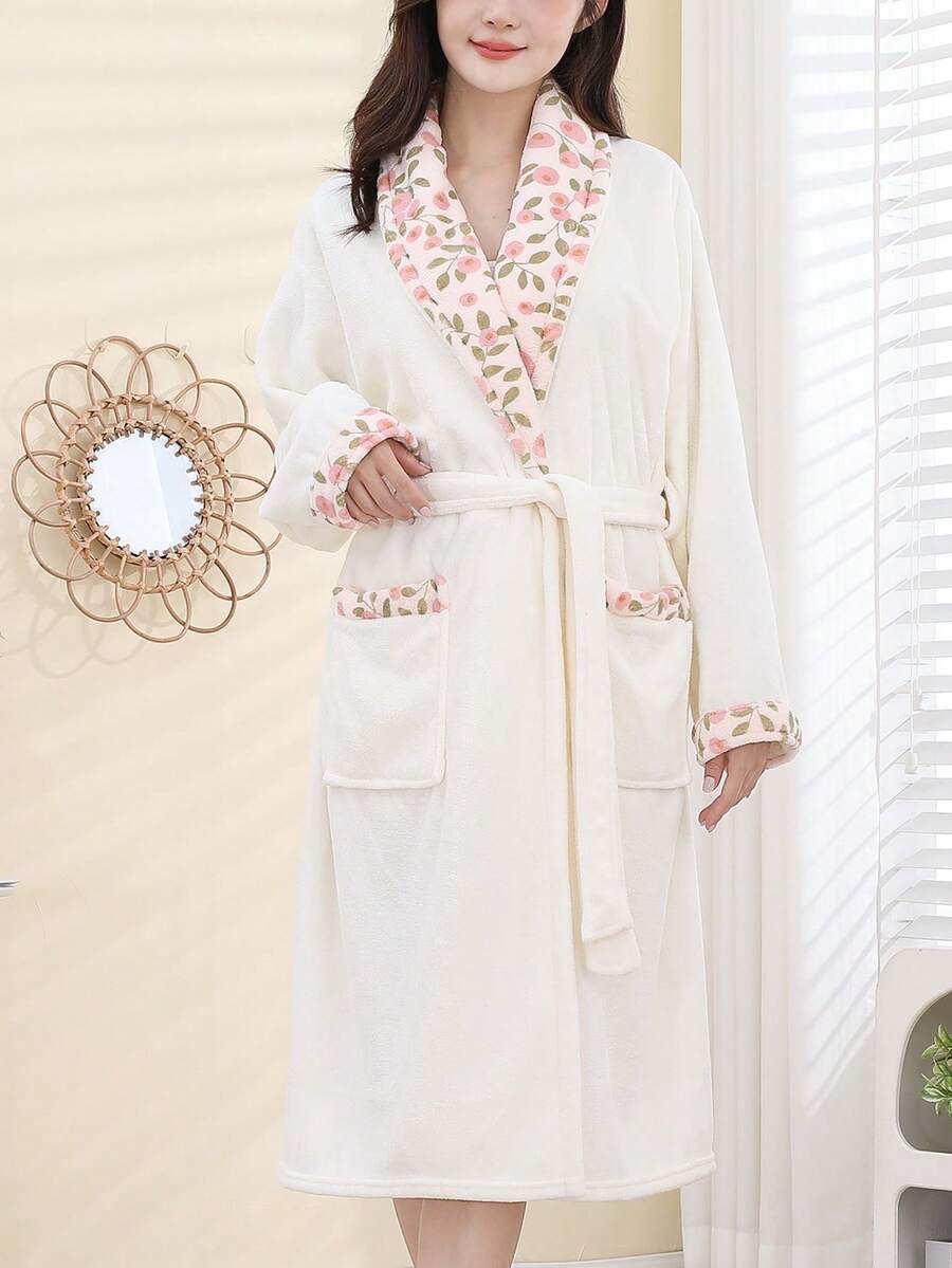 1pc Women's Floral Lace Trim Hooded Robe, Cute & Versatile - White Lace Bathrobe - View 1