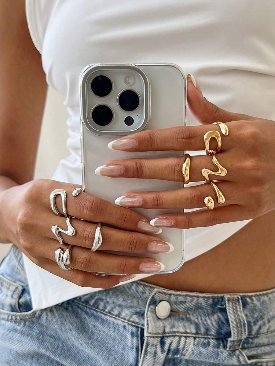 4 件套复古简约金属熔岩水滴不对称时尚个性戒指，适合女性日常、节日、派对、珠宝礼品套装