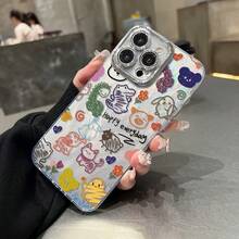 Funda para teléfono 1PC 16/15/14/13/12/11 Pro Plus Nuevo 2025 Patrón de moda Textura galvanizada Teléfono móvil con láser IMD, equipado con película de lente, teléfono móvil híbrido clásico antigolpes - Colores mixtos 1 - Ver 4