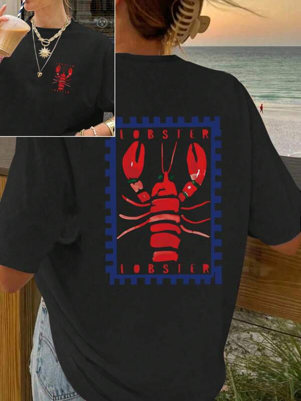 Plus Size Women Casual Round Neck Short Sleeve T-Shirt With Lobster Pattern, Summer Going Out Outfit