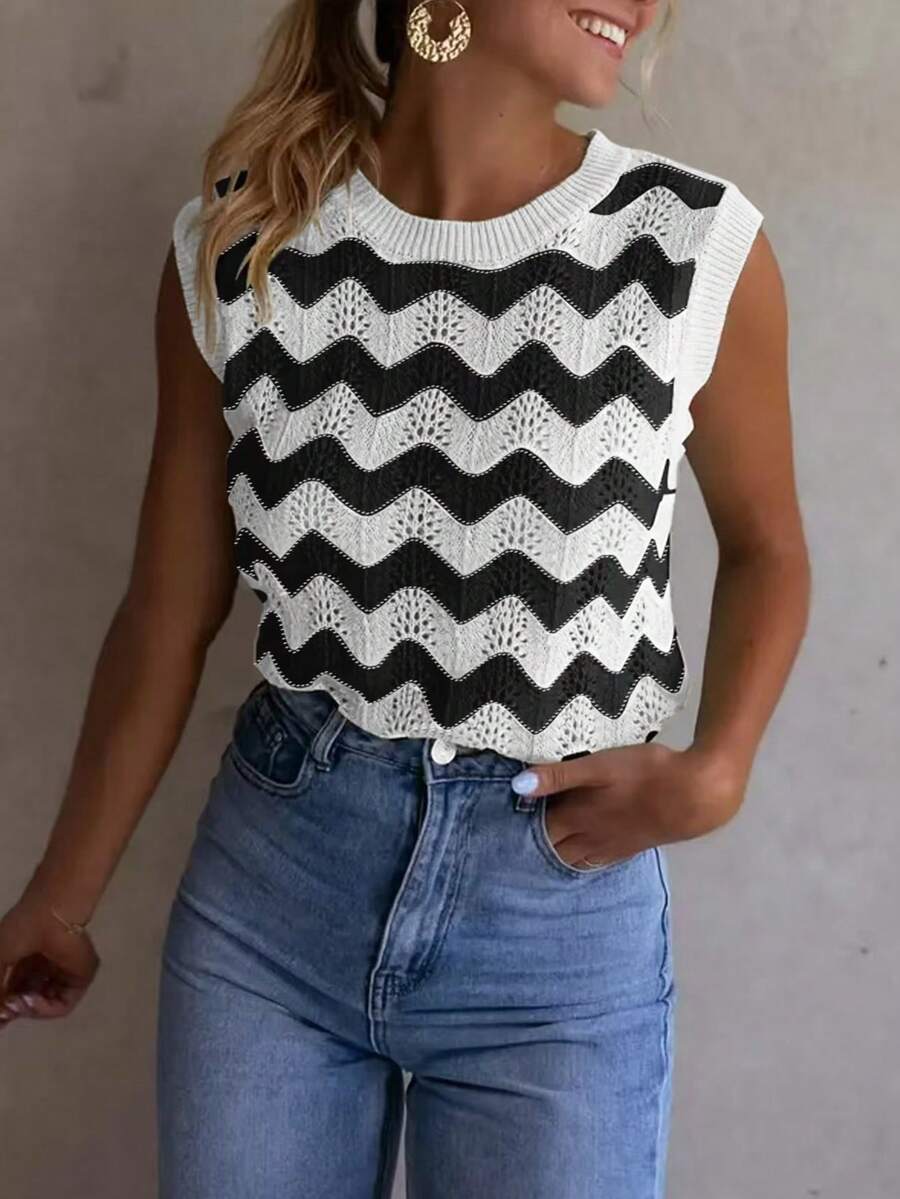 1pc Contrast Striped Knit Mesh Sweater Top, Summer - White - View 1