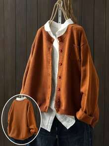 Plus Size Solid Color Front Button Pocket Casual Crew Neck Long Sleeve Cardigan