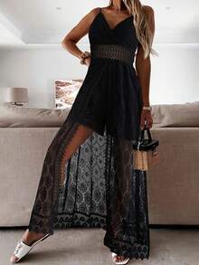 Scacto Women's Summer Elegant Lace Jumpsuit - V-Neck Sleeveless Romper With Intricate Detailing - màu đen - Xem 3