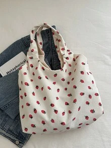 简约时尚大容量草莓印花托特包，开口设计，轻巧软边单肩包。适合女性日常休闲通勤和学生课堂使用