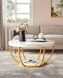 Round Coffee Table, 32" Circle Faux Marble Coffee Tables For Living Room, 2-Tier Golden Metal Legs Accent Center Table With Open Storage Modern Design Home Furniture (White And Gold),7955890 - White - View 7