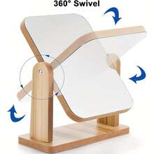化妆镜，木质台面镜360°旋转镜，单面梳妆镜，便携式可拆卸台面私密空间高清化妆镜带支架桌面矩形化妆镜带木质框架，独立式木纹图案