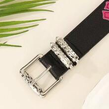 1条新款十字花纹朋克扣休闲男士皮带，青年街头时尚真皮腰带，秋季、万圣节秋冬配饰，适合青少年、青年、男士，休闲、户外、运动、度假、毕业礼物、生日、日常穿着 - 黑色 - 查看 2