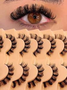 Asiteo 7对装 D型卷翘自然凌乱短款仿貂毛假睫毛，奢华浓密，打造蓬松魅惑妆容，可重复使用，易于佩戴。假睫毛，睫毛，假睫毛，假睫毛 - 交叉款 - 查看 1