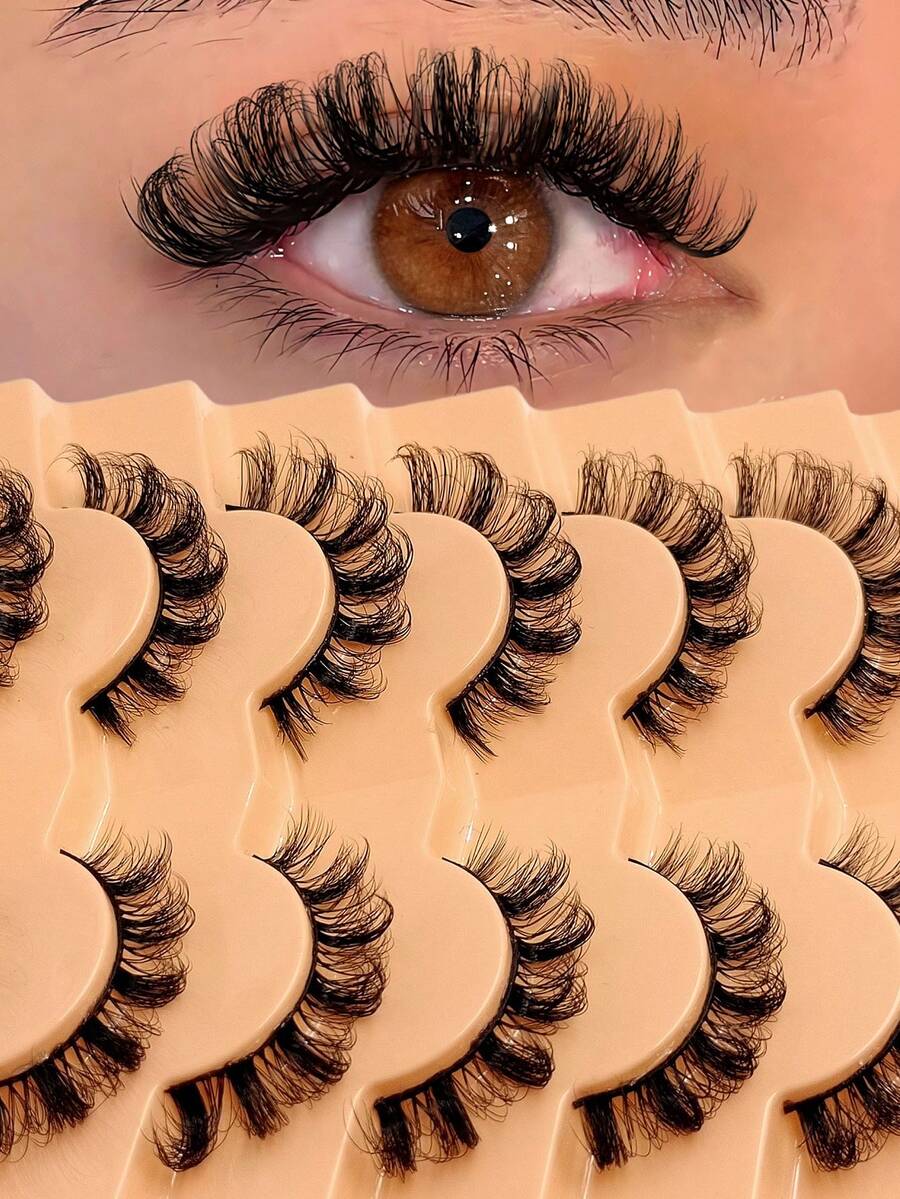 Asiteo 7对装 D型卷翘自然凌乱短款仿貂毛假睫毛，奢华浓密，打造蓬松魅惑妆容，可重复使用，易于佩戴。假睫毛，睫毛，假睫毛，假睫毛 - 交叉款 - 查看 1