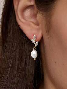 1 对女士时尚叶子和珍珠吊坠耳环，优雅锆石叶子珍珠吊坠耳环，送给她的珠宝礼物 - 珍珠 - 查看 11