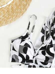 Women's Swimsuit Set, All-Over Print Bikini With Drawstring And Straps, 3-Piece Kimono Beach Cover-Up - Đen và trắng - Xem 7