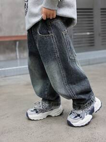Boys' Loose Fit Denim Jeans, Suitable For Everyday, School, Outdoor & Casual Wear, Autumn