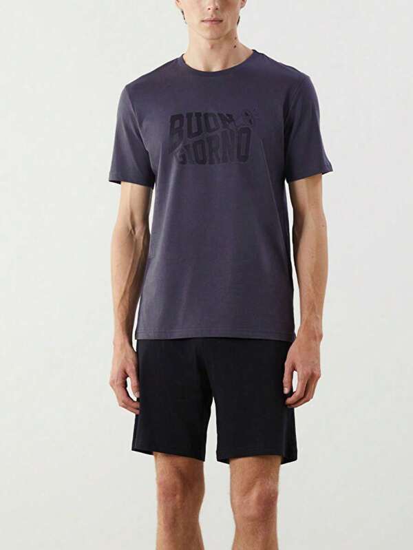 Ensemble pyjama léger 2 pièces pour homme, Top à col ras-du-cou à manches courtes avec imprimé lettres et short noir unicolore, ensemble de vêtements de nuit d'été, tenue décontractée pour la maison