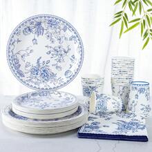 青花瓷花卉一次性派对用品，中式花卉印花纸质甜点盘，纸杯，纸巾，青花花卉纸盘，适用于新娘送礼会、婚礼、茶会、花艺派对装饰、圣诞节 - 彩色 - 查看 1