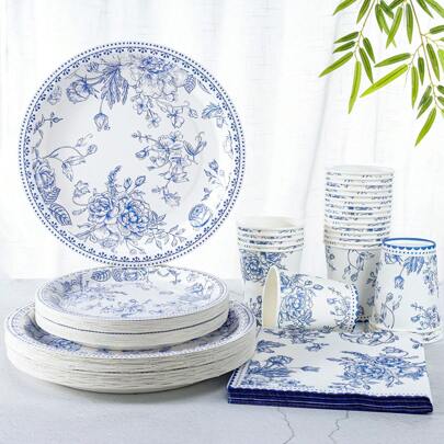 Blue And White Porcelain Floral One-Time Party Supplies, Chinese Style Floral Print Paper Dessert Plates, Paper Cups, Paper Napkins, Blue And White Floral Paper Plates For Bridal Shower, Wedding, Tea Party, Floral Party Decorations,Christmas