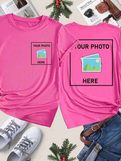 Customized Women's T-Shirts - Add Your Photo (Landscape/Badge/Couple Photo/Family Photo/Selfie/Pet), Front And Back Printing, Suitable For Summer Travel, Girlfriend Gift, Women's Sweatshirt, Women's Top Customization,Stylish,Fashion,Hipster,Casual,Minimal Chic,Personalized,Customized,Custom,Unique,Guy Costumes,Capsule Wardrobe,Men Basic/Street Style,Ideal Gifts For Him,Boyfriend,Family,Friends,For Birthdays,For Vacation/Holiday,For School/Competition,For Sports/Climbing,Women Active Tops
