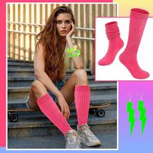 Neon Slouch Socks For Women Knee High With Scrunch Detail And Matching Neon Earrings Scrunchies Set For 80s 90s Retro Parties - 玫紅色 - 查看 5