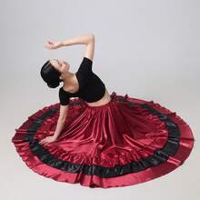 1pc Wine Red & Black Contrast Color Full Circle Hem Dress, Women's Belly Dance Flowy Bohemian Style Satin Lightweight Summer Beach Party Gown, Elegant A-Line Skirt Spring - Burgundy - View 9