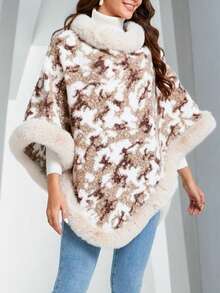 Fashion - Forward Poncho With Plush Trim For Winter Gatherings - Beige - View 7