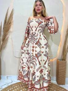 Women's Long Dresses All-Over Print Floral Knot Ruched Ruffle Hem Beach Summer - Mustard Yellow - View 1