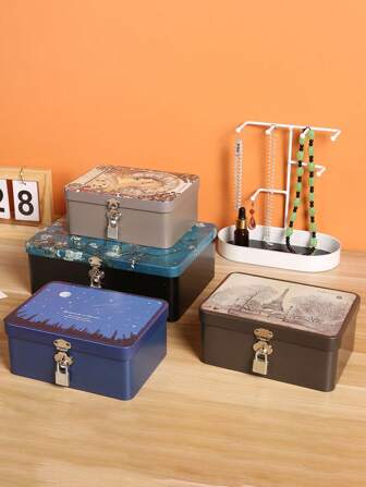 1pc Vintage Style Large Capacity Metal Tin Box With Lock And Key - Ideal For Cosmetics, Jewelry And Certificates - Black Metallic Art Tin