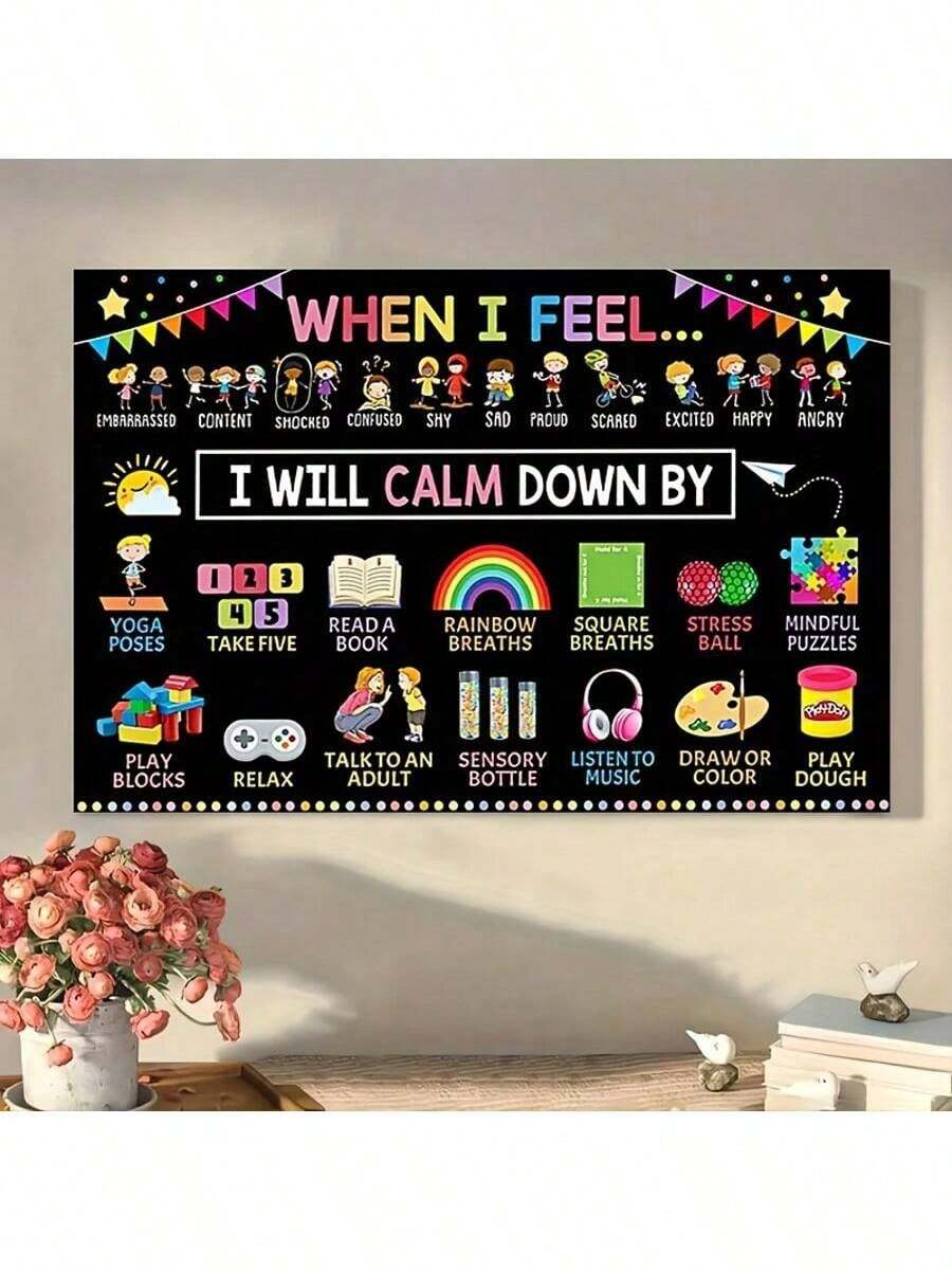1 幅互动情绪调节帆布墙画，色彩鲜艳的平静策略装饰，带有语音发音，有趣的插图，适合教室和家庭使用，非常适合教师和家长，教育工具，无框架