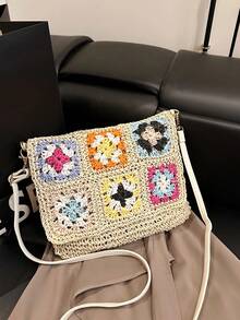 度假沙滩包，大容量通勤单肩包，小众设计休闲百搭简约时尚斜挎包，2025年新款流行女士手提包，编织纹理撞色设计，舒适面料，拉链开合，可调节可拆卸肩带，宽敞，时尚春夏手提包