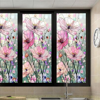 1 pieza Película de ventana con patrón floral colorido de PVC esmerilado, adhesión estática sin pegamento, removible, protección de privacidad, bloquea la luz solar y los rayos UV, adecuada para la decoración del hogar, dormitorio, sala de estar, cocina, puerta y ventana del baño. Película decorativa para ventanas de alta calidad, removible, sin pegamento, reutilizable, fácil de instalar.