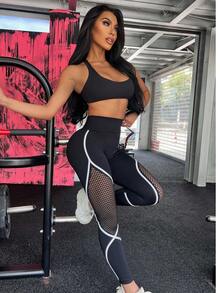 New Sexy Mesh Patchwork Contrast Color High Waist Peach Butt Lifting Yoga Pants, Women Sports Leggings