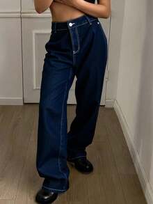 Livesso Casual Versatile Washed High Waist Straight-Leg Jeans - Dark Wash - View 2
