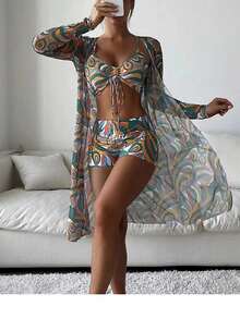 Women's Swimsuit Set, All-Over Print Bikini With Drawstring And Straps, 3-Piece Kimono Beach Cover-Up - 墨綠色 - 查看 3