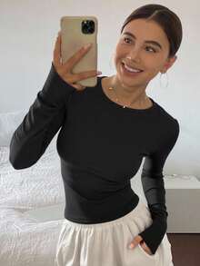 Livesso 女士休闲日常纯色长袖T恤，秋季服装 - 黑色 - 查看 4