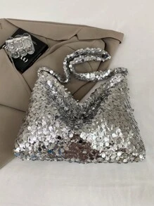 1 pezzo Borsa a spalla con paillettes e design minimalista, grande capacità, borsa da donna alla moda, stile da strada, borsa a tracolla, adatta per l estate, lo shopping, il pendolarismo e occasioni varie