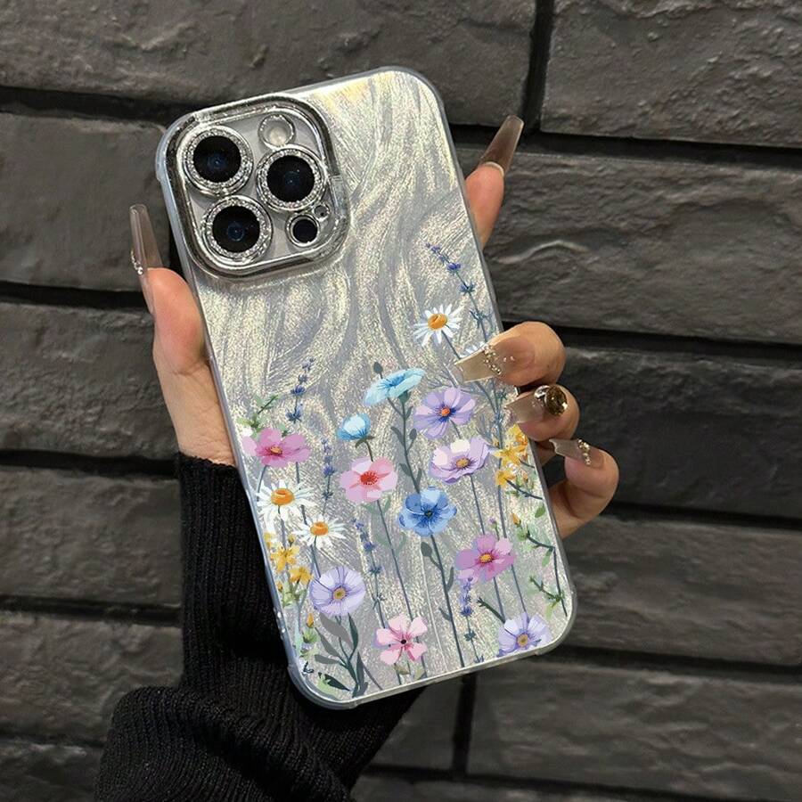 Funda para teléfono (1 unidad) con estampado de flores silvestres coloridas, hilo fino perforado con efecto pluma, IMD, moderna y elegante. Compatible con phone 16/15/14/13/12/11 Pro, Promax Plus, X y XS Max. Una opción alegre para amantes de la naturaleza. - Plateado - Ver 1