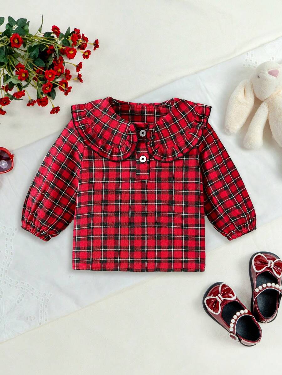 Baby Girls' Cute Peter Pan Collar Puff Sleeve Blouse, Baby Girl Christmas Party Outfit, Suitable For Holiday Parties, Celebrations And Daily Outings, Spring/Autumn - Multicolor - View 1