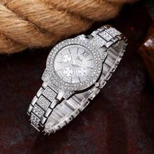 1 pieza Reloj de pulsera de mujer elegante para fiestas con esfera de cuarzo con diamantes en oro/plata y brazalete