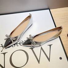 Silver Flat Women's Shoes With Flat Opening, Shiny Decorations, Party Evening Shoes, Light And Comfortable Design Party Bows Rhinestones