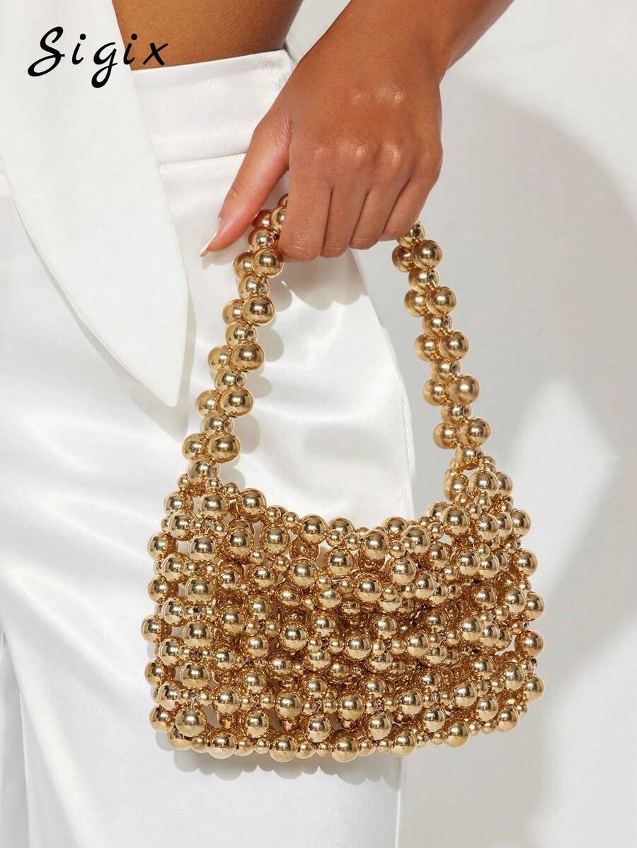 New Luxury High-Quality Handmade Beaded Mini Woven Sparkly Bead Bag, Multi-Color Beaded French Style Shiny Evening Clutch Bag - Gold - View 1