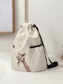 1pc Drawstring Bag With Giraffe Pattern, Black Drawstring Backpack For Sports, Fitness, Travel, Swimming, Beach, Gym Training, Unisex, Back To School - Multicolor - View 4