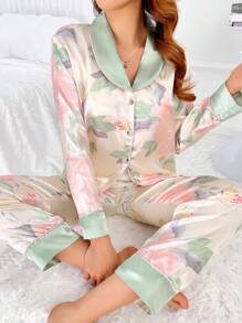 Conjunto de ropa de dormir de lujo con estampado y tacto sedoso para mujeres, de satén suave que se puede usar por fuera