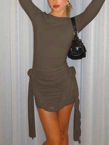 Váy dài tay xếp ly đơn giản cho nữ, mùa hè - Cà phê - Xem 5